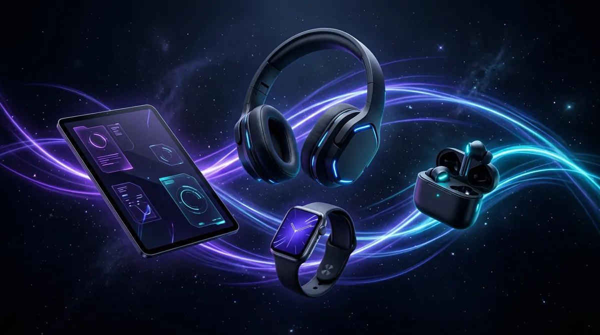 NovaCart Quantum Series headphones, tablet, smartwatch and earbuds